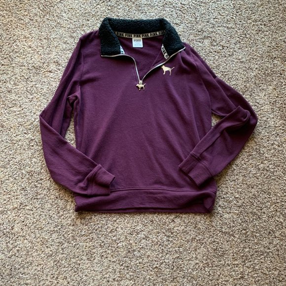 PINK Burgundy Pullover with Sherpa Collar M - Picture 1 of 5